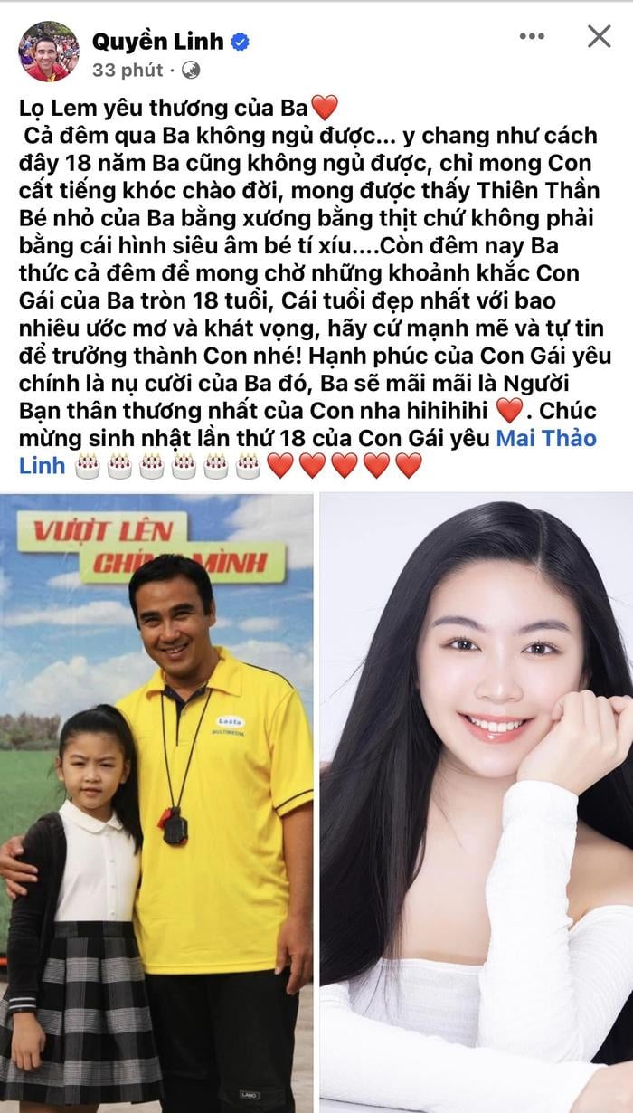 Ái nữ nhà MC Quyền Linh - Lọ Lem chuẩn bị đón sinh nhật tuổi mới. Trước ngày sinh nhật ái nữ, Quyền Linh bồi hồi đến mất ngủ. Nam MC bày tỏ: 