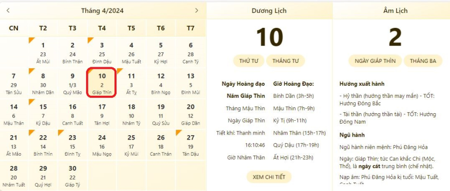 Xem lịch âm ngày 10/4/2024, xem giờ tốt xấu ngày 10/4/2024.