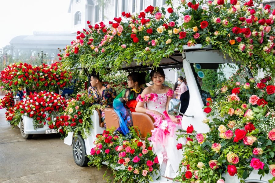 Hàng vạn bông hồng được tận dụng để tạo nên những bộ trang phục lộng lẫy, phủ kín các xe ngựa và xe điện cổ kính