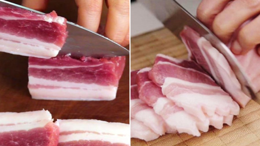 Trước khi thái thịt, bạn nên để thịt trong ngăn đá khoảng 15 phút cho miếng thịt hơi cứng.