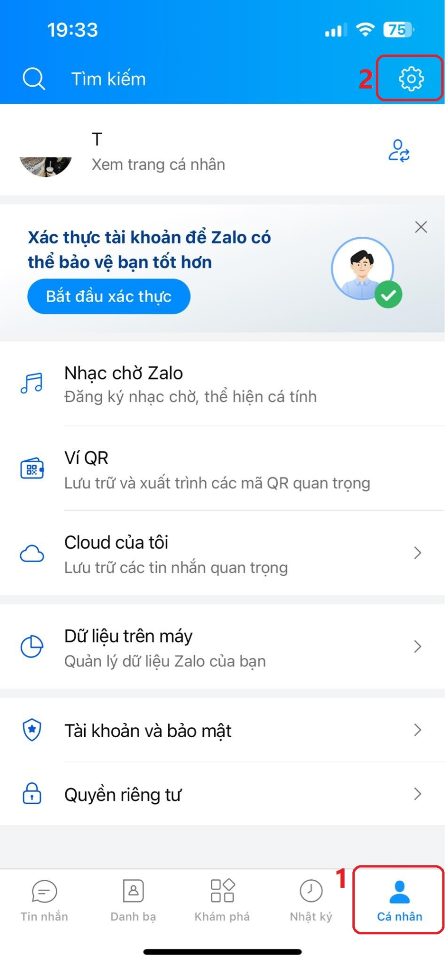 Truy cập mục Cá nhân => Cài đặt trên ứng dụng Zalo.