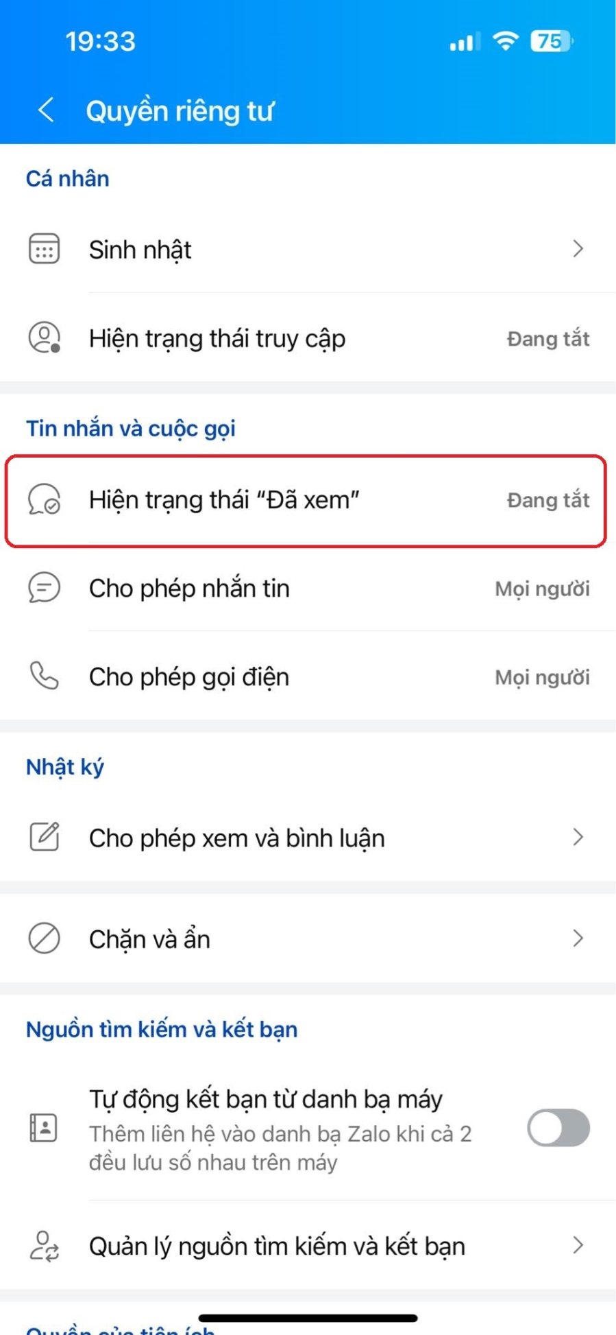 Tắt Hiện thị trạng thái 