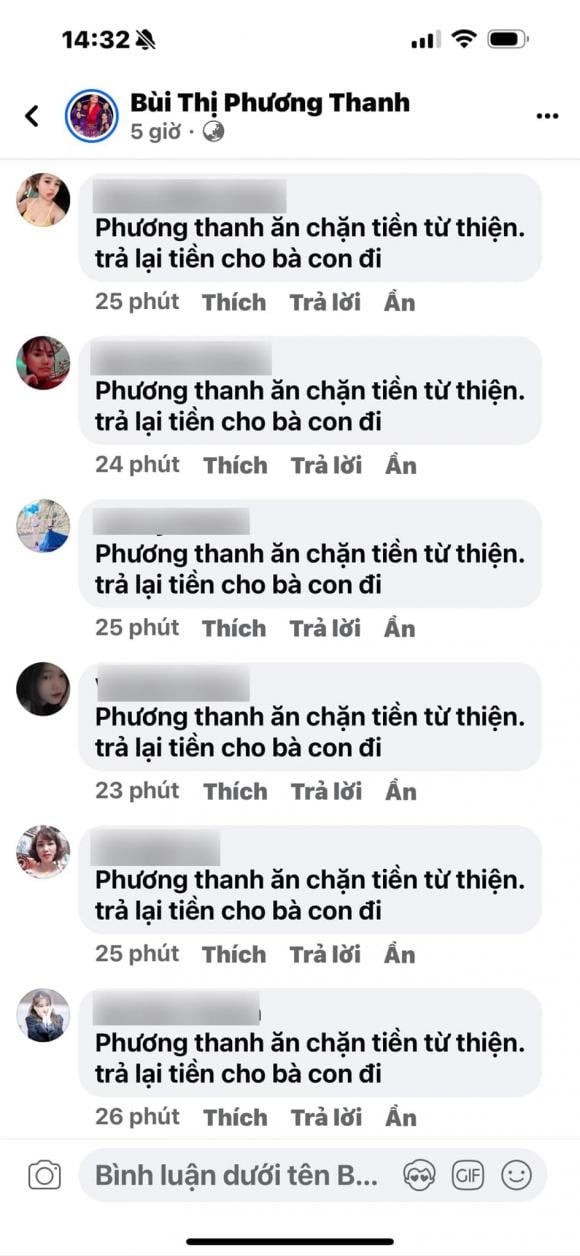 Mới đây, Phương Thanh liên tiếp bị khủng bố bằng comment tố ăn chặn tiền từ thiện. Cô rất bức xúc về việc này, cô viết: 