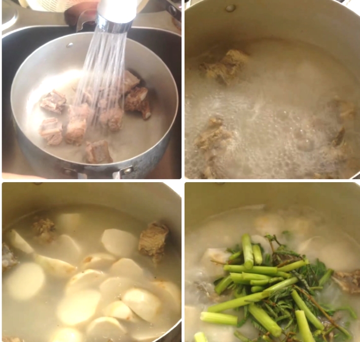 Cooking taro and water spinach soup with pork ribs