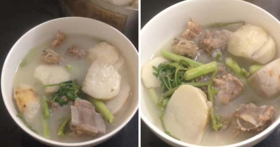 Finished taro and water spinach soup with pork ribs