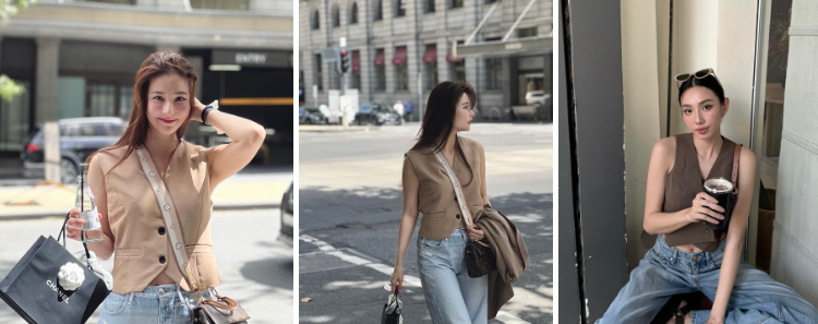 Hoa hậu hoà bình 2021 - Thuỳ Tiên cùng diễn viên Diễm My 9x lựa chọn phối gile vest với quần denim.    