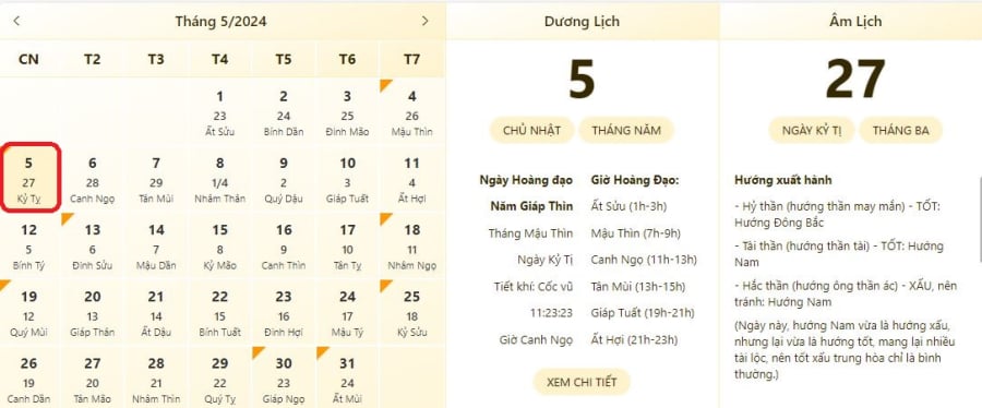 Xem lịch âm ngày 5/5/2024, xem giờ tốt xấu ngày 5/5/2024.