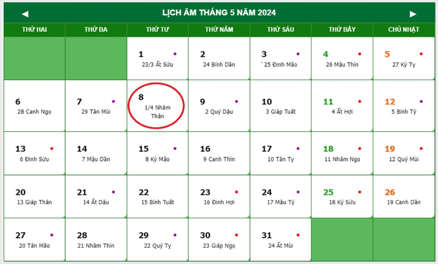 Lịch âm tháng 5/2024