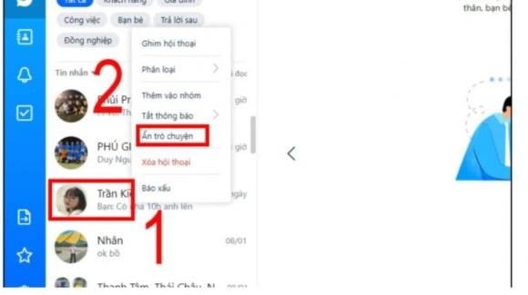 Click vào mục “Ẩn trò chuyện” trong menu xuất hiện để ẩn cuộc trò chuyện đã chọn.    