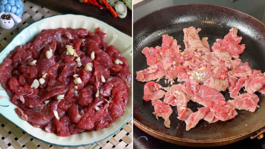 Với món thịt bò xào, bạn nên tẩm ướp thịt với gia vị trước khi xào để thịt được đậm đà, mềm mọng.