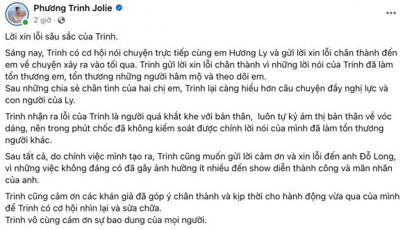 Phương Trinh Jolie chính thức xin lỗi Hương Ly