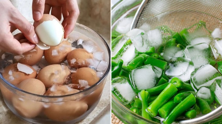 Bạn có thể áp dụng kỹ thuật sốc nhiệt - ngâm nước đá lạnh với món rau củ luộc, trứng luộc.
