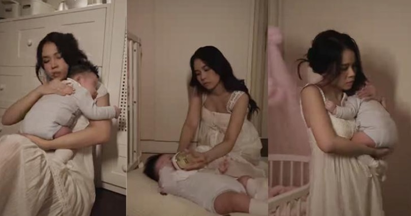 Trong clip, Sam chia sẻ lại hình ảnh ngồi ôm, dỗ con khi bé khóc đêm và phải thay tã khi con quấy khóc.     