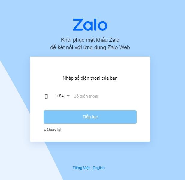 Nhập số điện thoại để khôi phục mật khẩu Zalo.