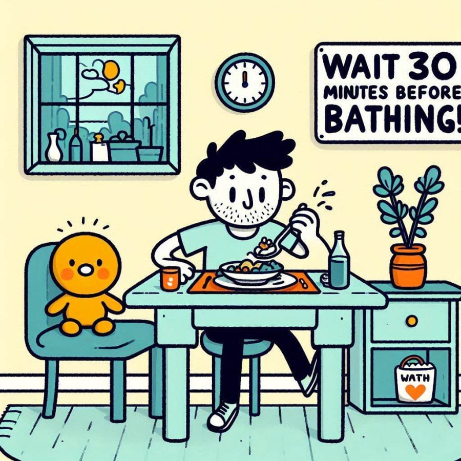 Bạn nên chờ từ 30 phút đến 1 tiếng sau bữa ăn mới tắm để đảm bảo an toàn cho sức khỏe