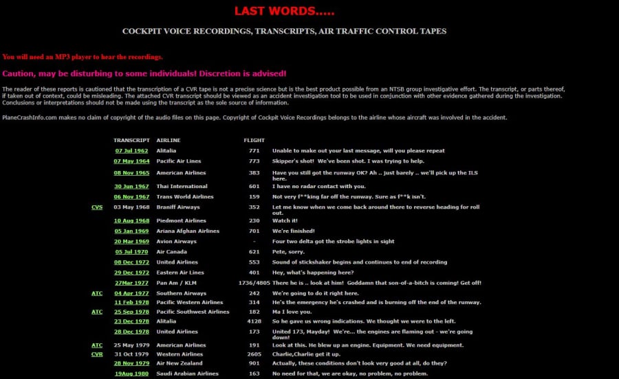 Plane Crash Info là trang web lưu trữ lại thông tin hộp đen của những chuyến bay gặp nạn.