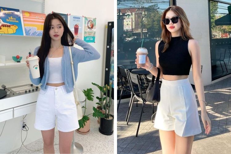 Áo croptop ăn nhập hoàn hảo với quần shorts trắng. 