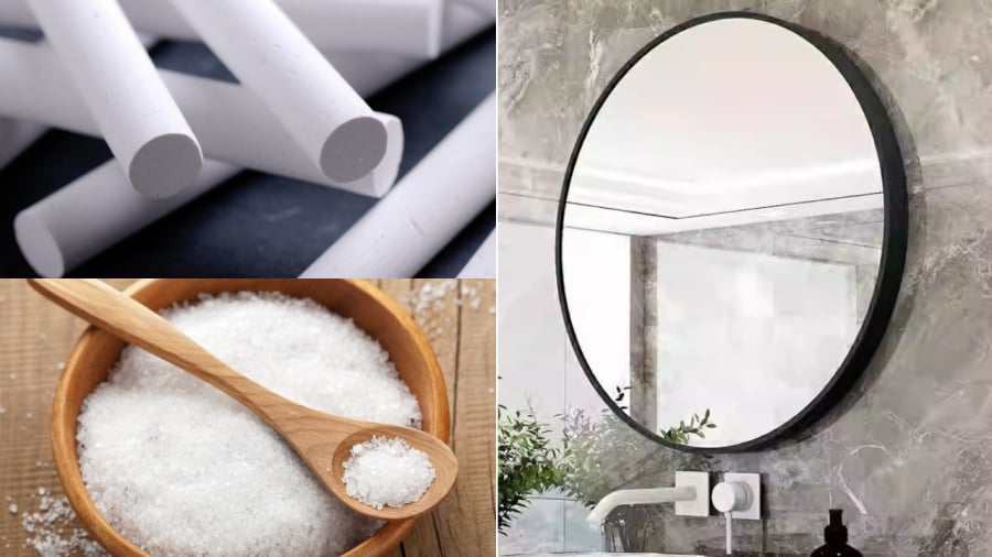 Sử dụng muối hoặc phấn viết cũng giúp loại bỏ các vết bẩn trên gương nhà tắm.