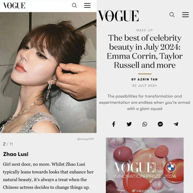 Triệu Lộ Tư là mỹ nhân Cbiz duy nhất lọt danh sách của Vogue Singapore.