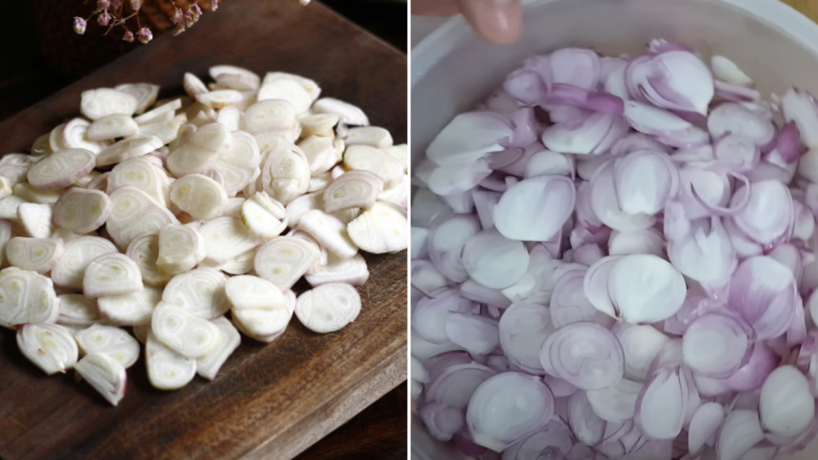 Horizontal and vertical shallot slices