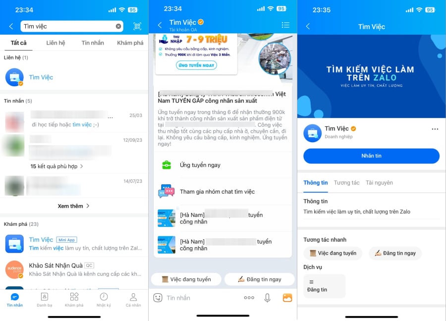 Thông qua tài khoản Tìm việc OA của Zalo, bạn có thể tìm thấy các công việc đang có nhu cầu tìm nhân sự.