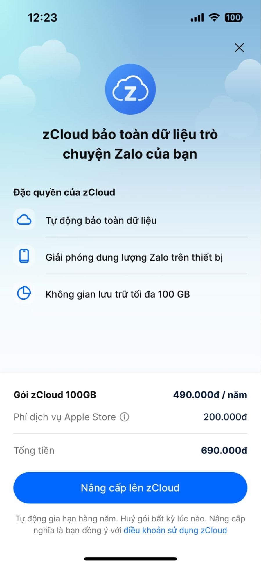 Zalo bán gói dịch vụ lưu trữ đám mấy zCloud với giá 490.000 đồng/năm cho 100GB chưa tính phí dịch vụ của nền tảng Apple hoặc Android.