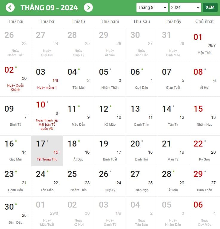 Rằm tháng 8 - Tết Trung Thu 2024 diễn ra vào ngày 15/8 âm lịch, tức thứ Ba ngày 17/9/2024.