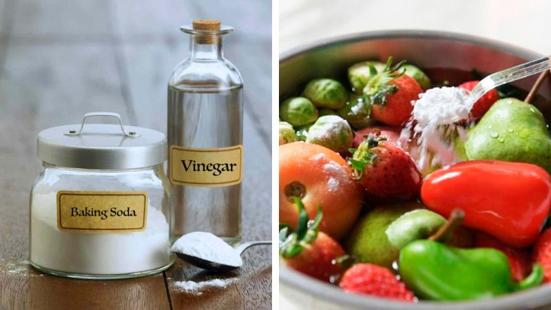 Washing vegetables with baking soda and vinegar