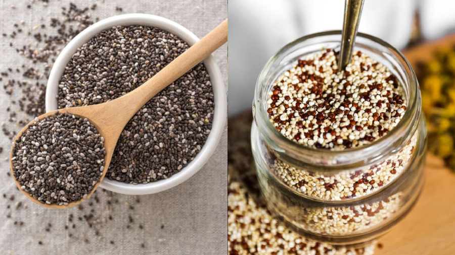 Hạt chia (bên trái) và hạt quinoa có nhiều chất dinh dưỡng cần thiết cho cơ thể, giúp chống lão hóa, tốt cho da, hỗ trợ giảm cân.