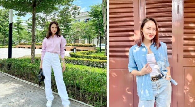 Chị em hãy tham khảo Hồng Diễm, sắm áo sơ mi sáng màu như áo denim, áo màu hồng pastel.