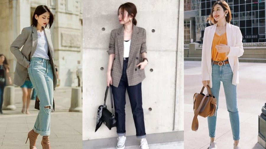 Phối áo blazer với áo thun basic đơn giản nhưng không bao giờ lỗi mốt. 