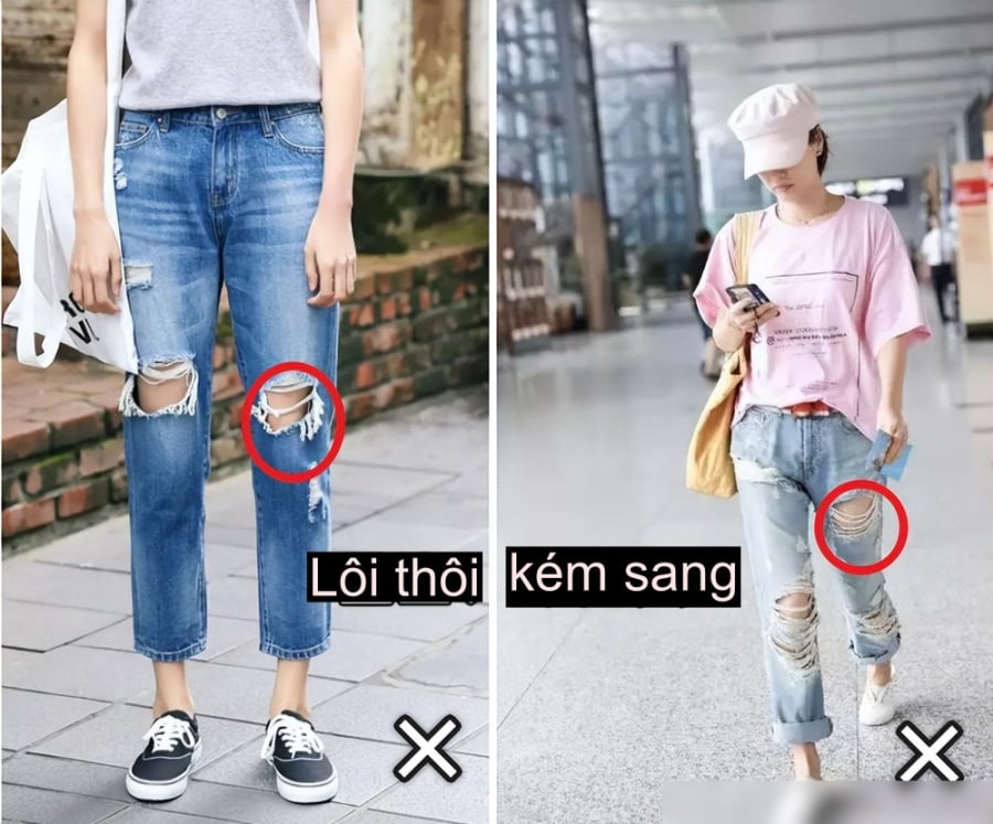 Phụ nữ trung niên không nên chọn quần rách hay quần skinny jeans ôm sát.