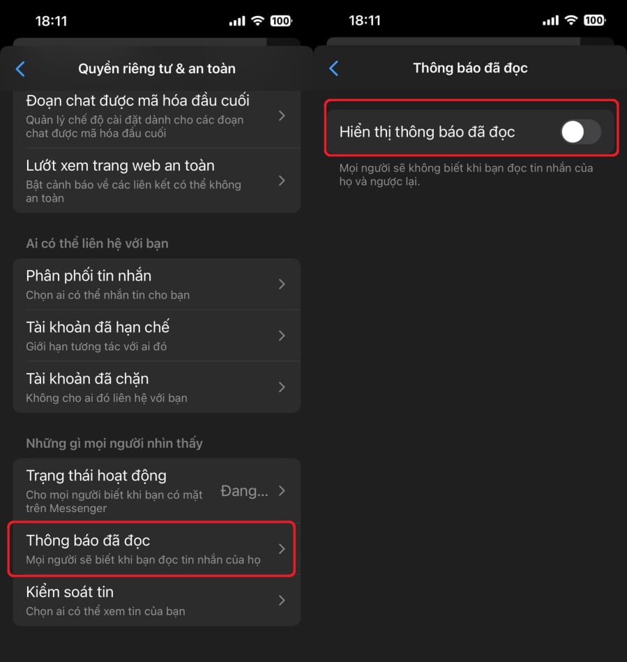 Tại mục Hiện thị thông báo đã đọc, bạn chỉ cần tắt tính năng này đi là đối phương sẽ không biết bạn đọc tin nhắn hay chưa.