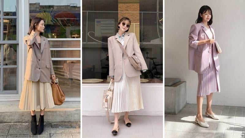 Sự kết hợp giữa váy xếp ly dáng dài và áo blazer mang lại phong cách thanh lịch, quý phái.