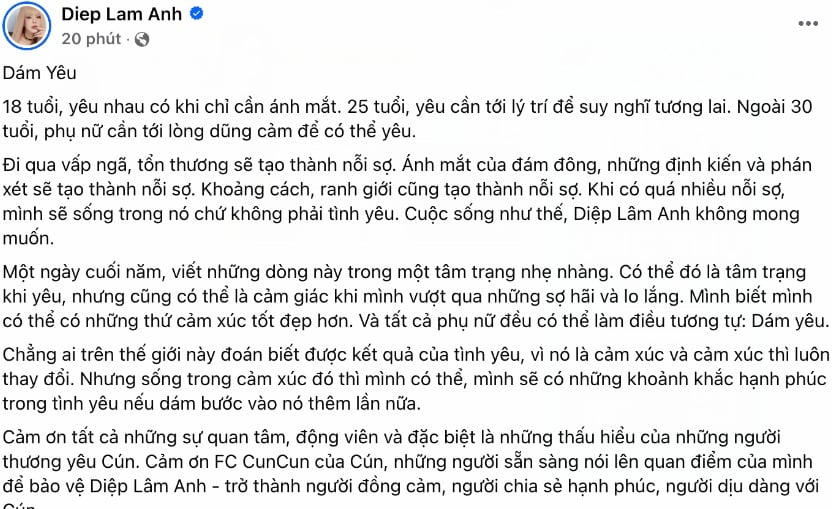 Diệp Lâm Anh viết tâm thư chia sẻ câu chuyện tình cảm cá nhân trên mạng xã hội