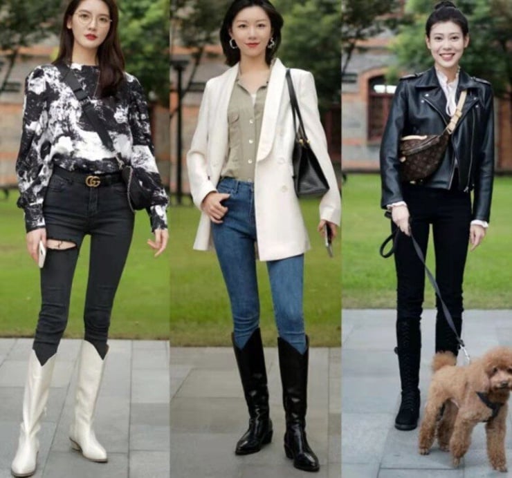 Quần skinny jeans ôm sát giúp tôn lên đôi chân thon dài. 