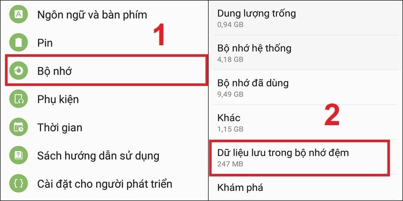 Cài đặt xóa bộ nhớ cache