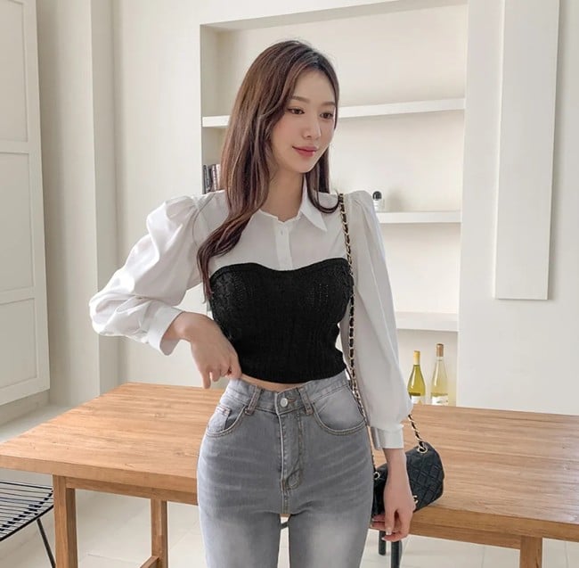 Hãy thử kiểu áo “2 trong 1”, kết hợp giữa sơ mi và bustier được may liền với nhau