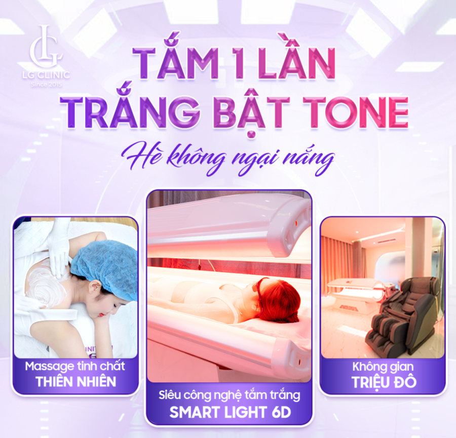 Tắm trắng đẳng cấp với công nghệ Smart Light 6D, kết hợp tinh chất thiên nhiên và không gian sang trọng, giúp da bật tone an toàn