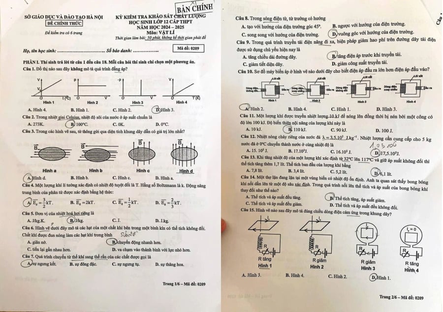 Đề thi khảo sát môn Vật lí lớp 12 Hà Nội 2025 mã đề 0209 trang 1, 2.