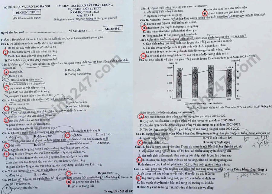 Đề thi khảo sát môn Địa lí lớp 12 Hà Nội năm 2025 mã đề 0911, trang 1-2.