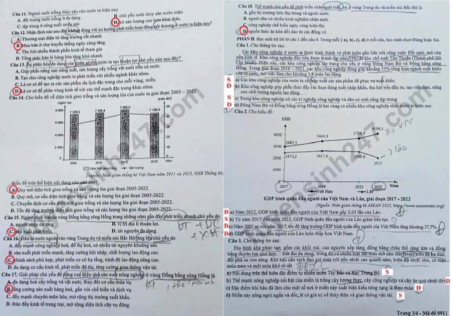 Đề thi khảo sát môn Địa lí lớp 12 Hà Nội năm 2025 mã đề 0911, trang 3-4.