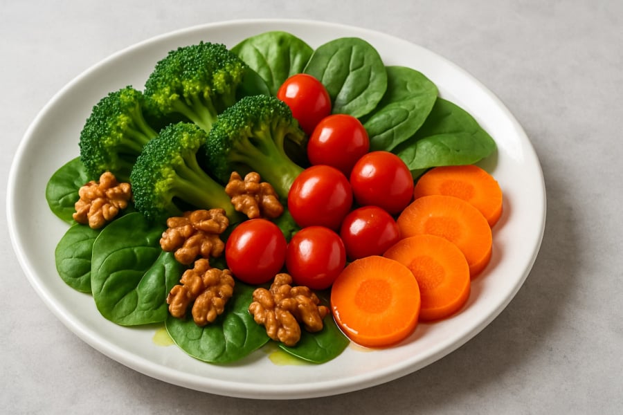 Một đĩa salad đầy màu sắc với các loại rau như bông cải xanh, cải bó xôi, cà chua bi đỏ tươi, và vài lát cà rốt cam rực rỡ