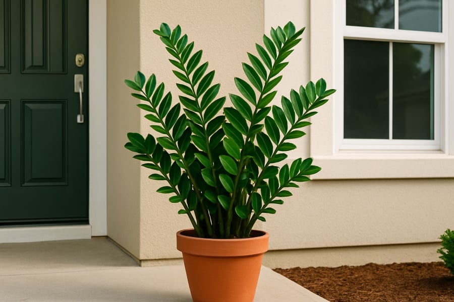 Kim Tiền (tên khoa học: Zamioculcas zamiifolia) có lá xanh bóng, mọc đối xứng – tượng trưng cho tiền tài, sung túc