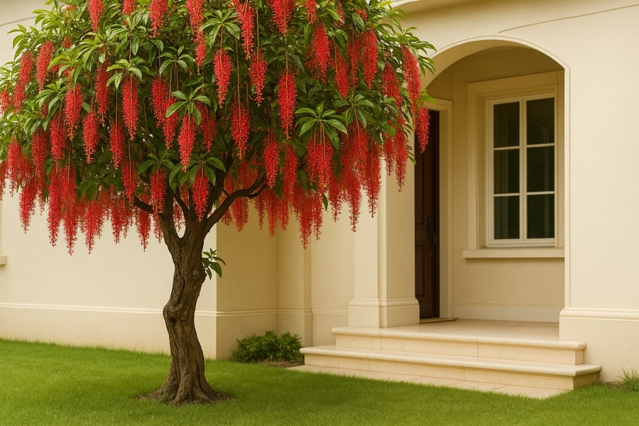 Lộc Vừng là loại cây thân gỗ nhỏ, hoa rủ dài như những dải lụa đỏ thắm – sắc đỏ tượng trưng cho may mắn, cát tường trong phong thủy