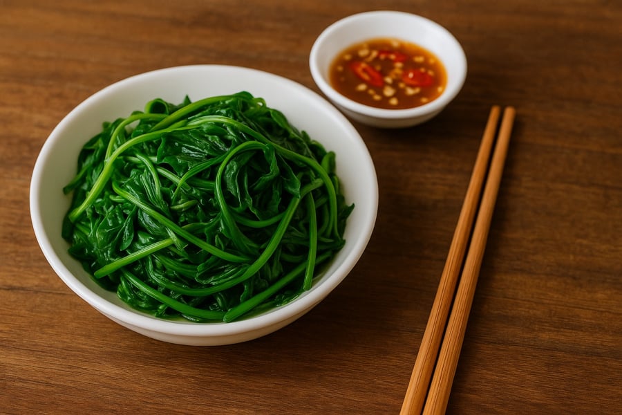Món rau lang luộc xanh mướt giản dị nhưng bổ dưỡng – một nét đặc trưng trong bữa ăn truyền thống Việt Nam.
