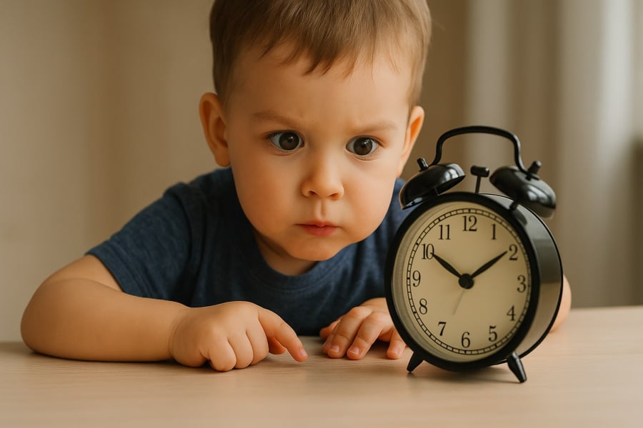 Một cậu bé đang chăm chú nhìn vào chiếc đồng hồ và đếm số.