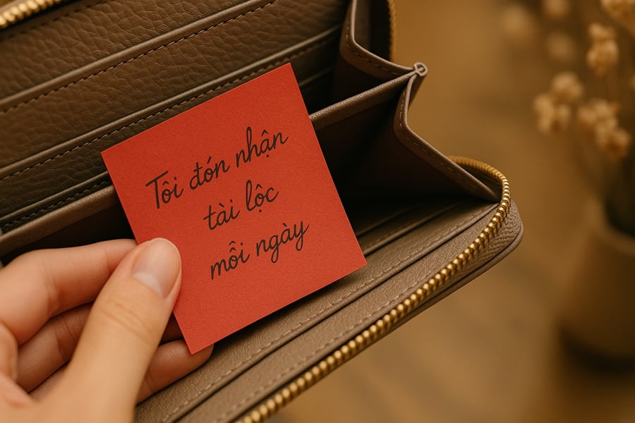 Mảnh giấy đỏ ghi lời khẳng định tích cực – một mẹo nhỏ trong phong thủy giúp định hướng tư duy tài chính và tạo ra năng lượng thu hút cơ hội. (Ảnh AI)