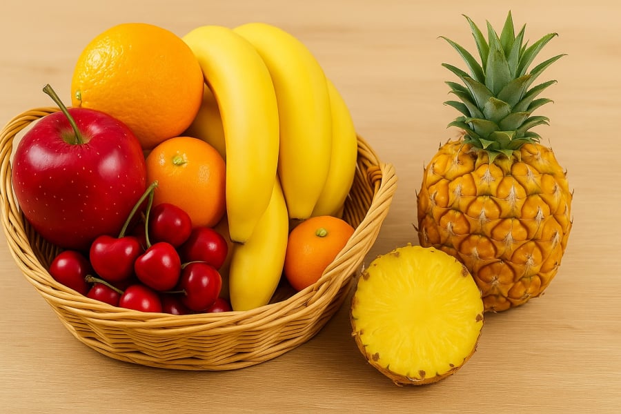 Những loại trái cây tươi như táo, cherry, cam, chuối và dứa không chỉ ngon miệng mà còn hỗ trợ giảm axit uric, giúp phòng ngừa gout và sỏi thận tự nhiên.