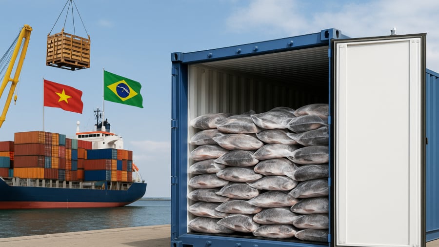 Cá rô phi đông lạnh được đóng gói kỹ lưỡng, chuẩn bị xuất khẩu tại cảng biển. Cờ Việt Nam và Brazil xuất hiện trên tàu hàng, đánh dấu sự khôi phục giao thương thủy sản giữa hai quốc gia sau thời gian tạm ngừng.